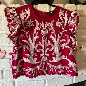 Express Red Embroidered Ruffled Top, Size Large